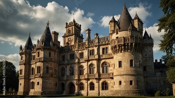 Obraz A grand stone castle with multiple towers and a large central entrance, surrounded by lush greenery.