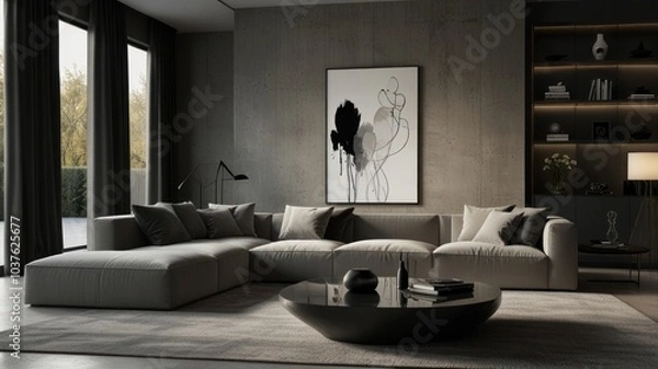 Fototapeta living room with elegance and diversity of modern gray color palette. The sofa is upholstered in a luxurious gray fabric. The minimalist design of the room evokes a sense of calm and sophistication.