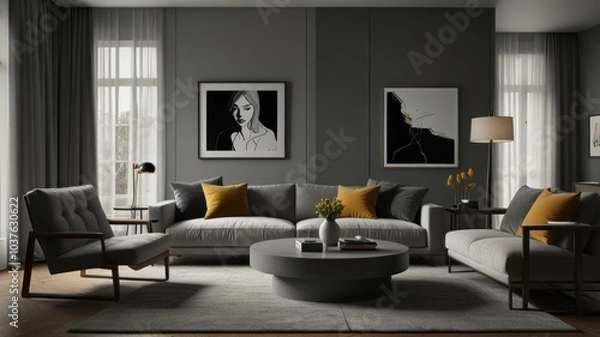 Fototapeta living room with elegance and diversity of modern gray color palette. The sofa is upholstered in a luxurious gray fabric. The minimalist design of the room evokes a sense of calm and sophistication.