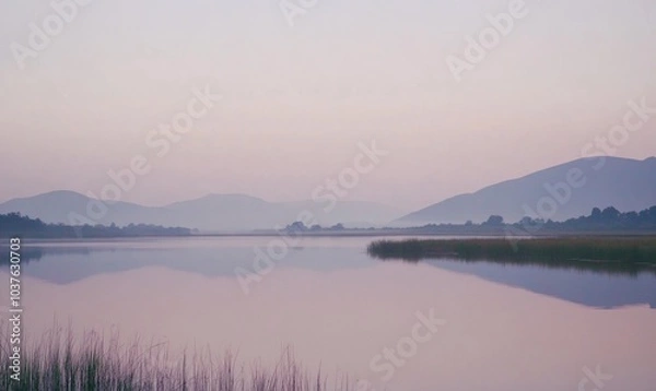 Fototapeta A calm lake with a beautiful reflection of the mountains in the water
