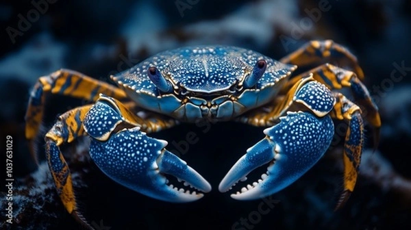 Fototapeta A close-up of a blue crab with yellow stripes and white claws, looking directly at the camera.