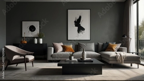 Fototapeta living room with elegance and diversity of modern gray color palette. The sofa is upholstered in a luxurious gray fabric. The minimalist design of the room evokes a sense of calm and sophistication.