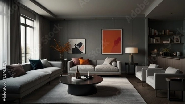Fototapeta living room with elegance and diversity of modern gray color palette. The sofa is upholstered in a luxurious gray fabric. The minimalist design of the room evokes a sense of calm and sophistication.