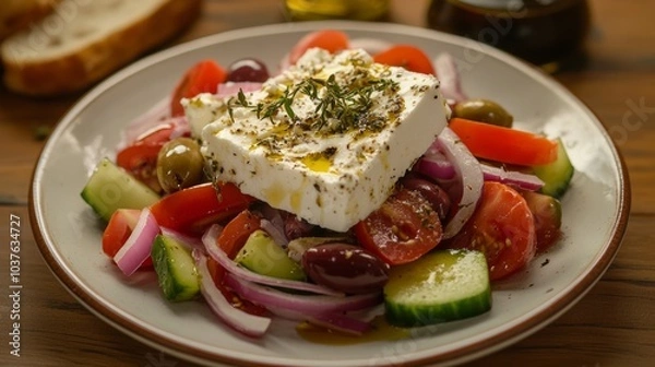 Obraz A refreshing plate of Greek salad with tomatoes, cucumbers, red onions