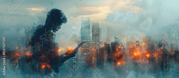 Fototapeta Silhouette of a person holding a tablet in front of a burning city.