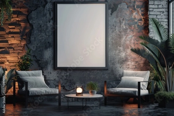 Fototapeta Two arm chairs in a living room with a blank painting on the wall