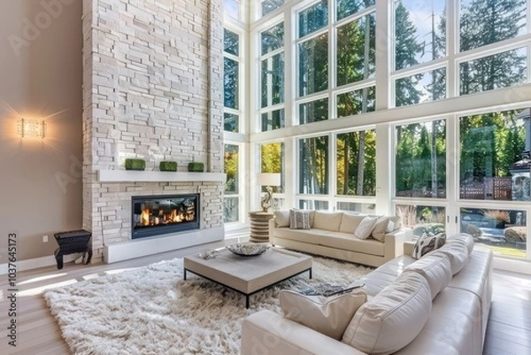 Fototapeta A modern spacious minimalist style living room with large windows and fireplace