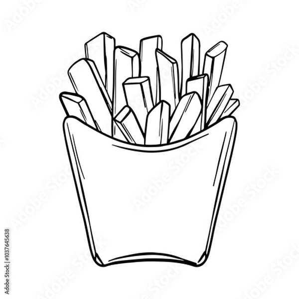 Obraz French fries sketch. Fried Potato chips hand drawn painted by black inks. Street fast food menu drawing in line art style. Food Vector illustration outline icon. Decoration for menus, showcases