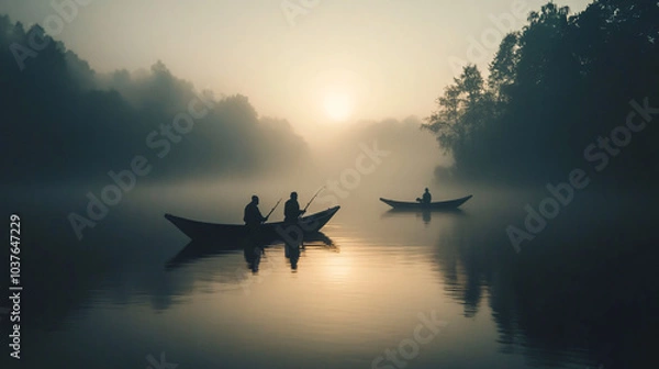 Obraz A foggy lake at dawn, with silhouettes of fishermen in small boats.