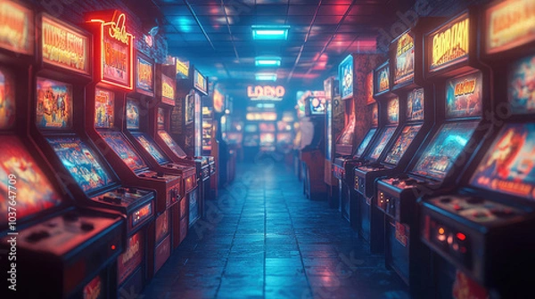 Fototapeta Retro arcade hall with neon lights illuminating rows of vintage video game machines. Nostalgic gaming ambiance in a dimly lit environment