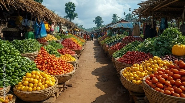 Fototapeta A bustling open-air market in Africa, filled with colorful produce displayed in baskets. The market stretches out in a long row, lined with vendors and customers.