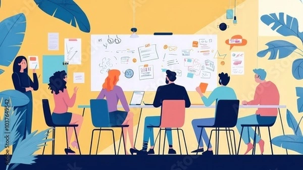 Obraz A brainstorming session in a modern office, with diverse professionals gathered around a whiteboard.