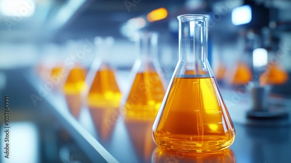 Fototapeta Laboratory Flasks with Golden Liquid against Dark Background