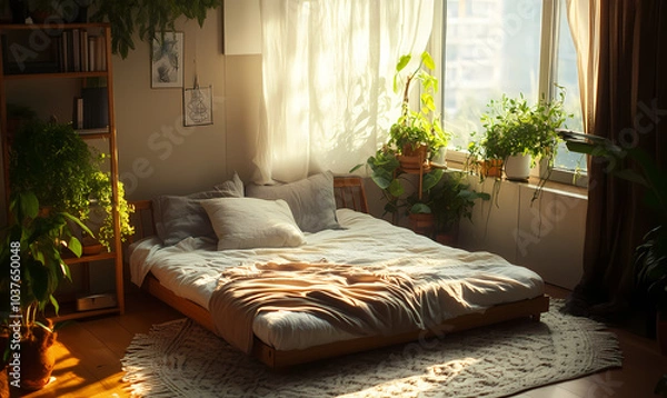 Fototapeta Cozy Bedroom Oasis: Sunlight streams into a bedroom filled with vibrant green plants and comfortable bedding, creating a serene retreat.
