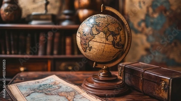 Obraz An antique map, globe, and book stored in a cupboard. Science, learning, and past travel experiences. geography and history team. Antiquated globe with historical map background.
