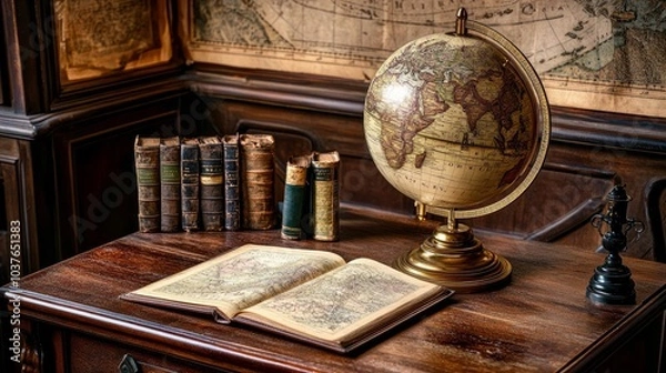 Obraz An antique map, globe, and book stored in a cupboard. Science, learning, and past travel experiences. geography and history team. Antiquated globe with historical map background.
