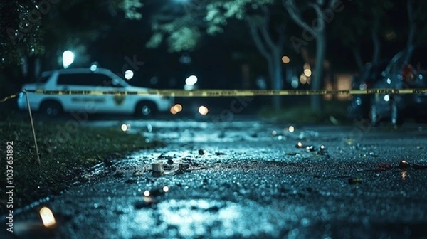 Obraz A crime scene with police tape and evidence markers, representing the aftermath of a violent crime