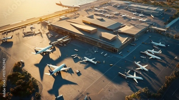 Fototapeta Aerial view of an airport at sunset with numerous airplanes parked on the tarmac and long shadows cast on the ground.