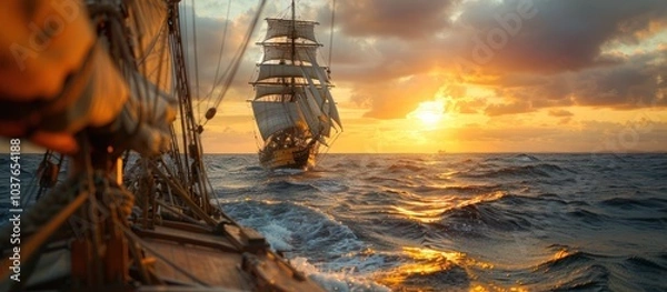 Fototapeta A tall ship sails through the water at sunset. The setting sun is casting a golden glow on the waves.