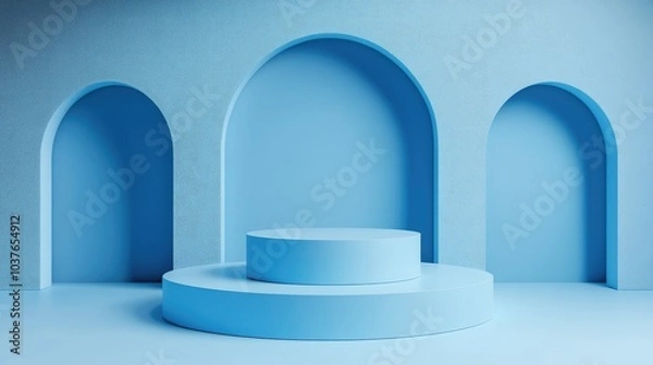 Fototapeta Pastel blue display pedestal Empty geometric product stand in minimalistic style 3D render