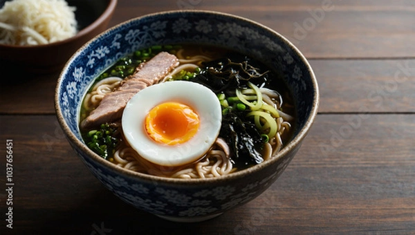 Fototapeta Traditional Japanese ramen with sliced pork, seaweed, and a boiled egg, placed in a ceramic bowl with broth.