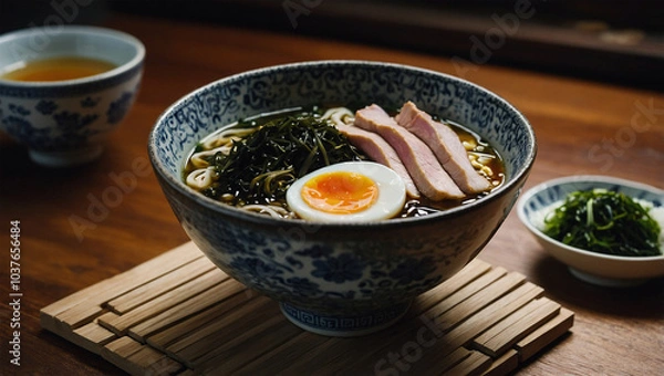 Fototapeta Traditional Japanese ramen with sliced pork, seaweed, and a boiled egg, placed in a ceramic bowl with broth.