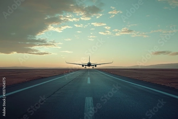 Fototapeta A plane ascends from a runway into the sky, symbolizing the beginning of an adventurous journey.