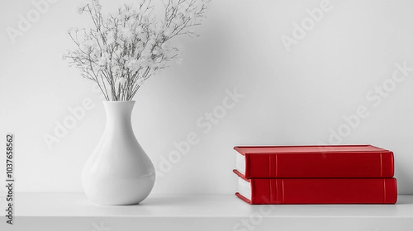 Fototapeta red books and white vase on the table , white background