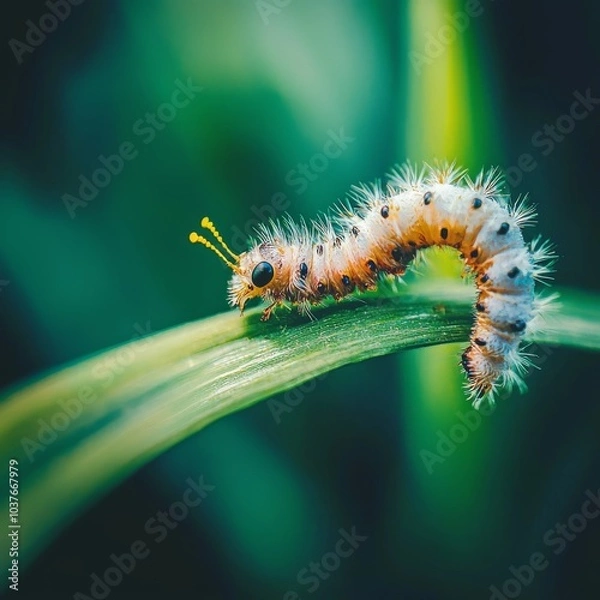 Fototapeta Close-up of a fuzzy caterpillar crawling on a green leaf, showcasing its vibrant colors and unique texture.