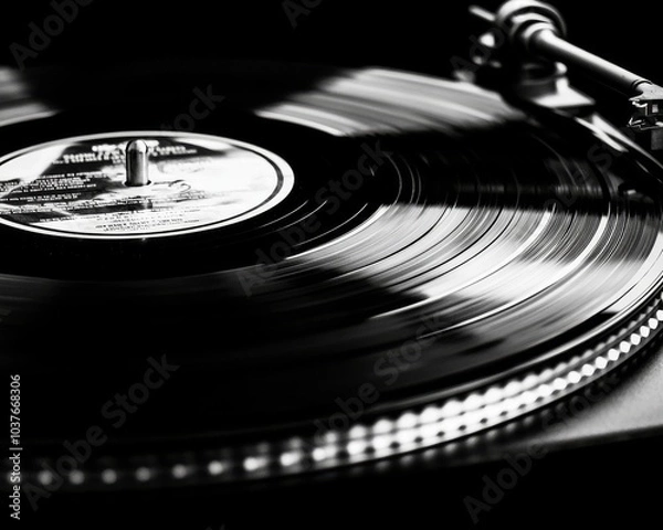 Fototapeta Close-up of a spinning vinyl record, showcasing the grooves and shine, evoking a sense of nostalgia.