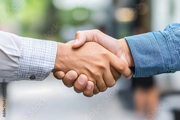 Fototapeta Handshake of Agreement: A close-up shot of two hands clasped in a firm handshake, symbolizing trust, partnership, and the beginning of a successful collaboration.  
