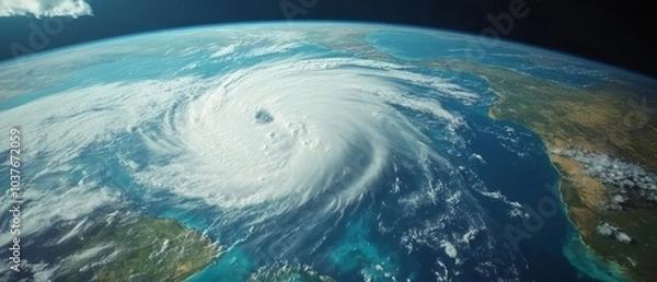 Fototapeta Earth's Atmospheric Fury, Hurricane from Space:  Concept of natural disaster, climate change, weather forecasting, satellite technology, atmospheric science, space exploration.