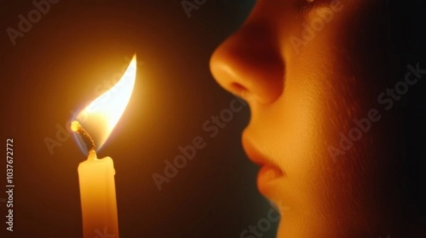 Fototapeta A person gently blows out a candle, creating a serene and intimate atmosphere, AI