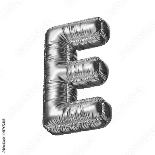 Fototapeta E. Letter E in the form of a foil balloon isolated on a transparent background. PNG 3D render. Letter of the Latin alphabet. Silver volumetric letter with matte texture.