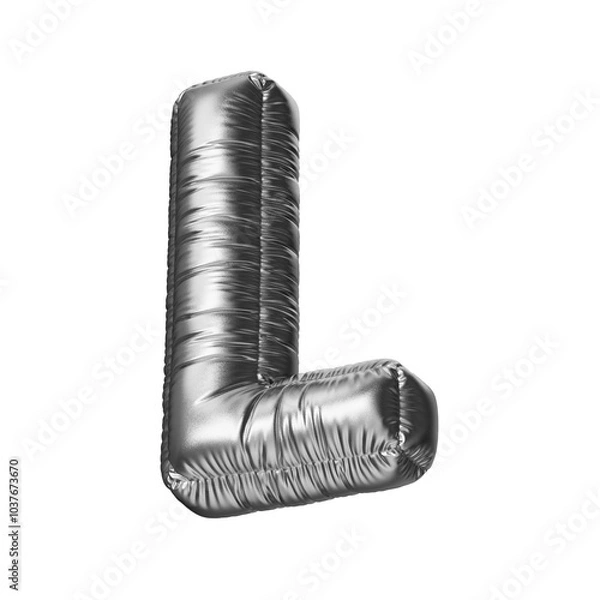 Fototapeta L. Letter L in the form of a foil balloon isolated on a transparent background. PNG 3D render. Letter of the Latin alphabet. Silver volumetric letter with matte texture.