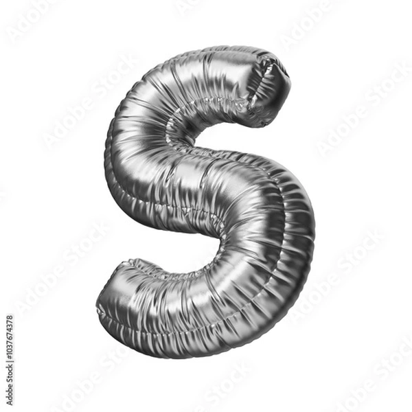 Fototapeta S. Letter S in the form of a foil balloon isolated on a transparent background. PNG 3D render. Letter of the Latin alphabet. Silver volumetric letter with matte texture.