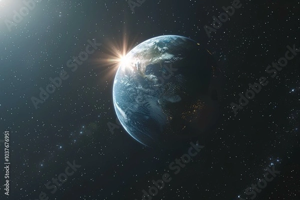 Fototapeta A view of the earth from space with the sun in the background