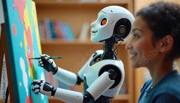 Fototapeta Robot Artist at Work in Vibrant Creative Space