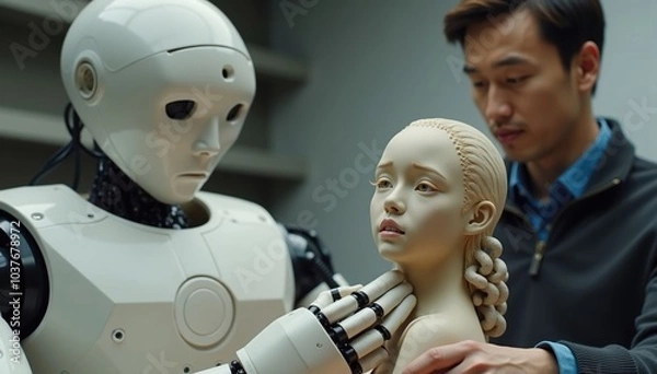 Fototapeta Researcher Examines Advanced Mannequin Head in Development Lab