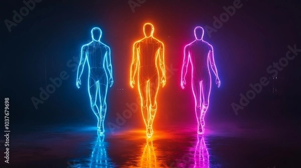 Obraz Realistic illustration of a human group silhouette in vibrant neon light
