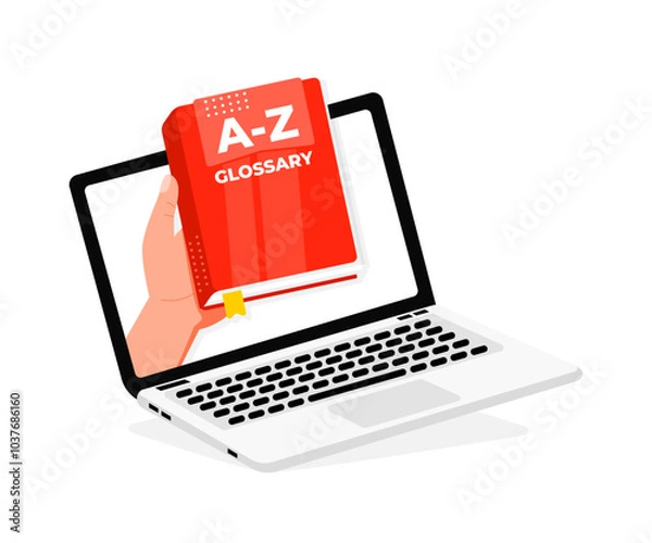 Fototapeta Hand holding glossary book coming out of laptop screen