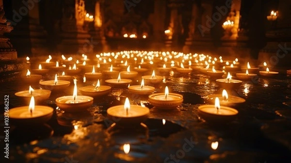 Fototapeta The Diyas or Indian style decorative lamps are characterized by their intricate designs using candles to illuminate the intricate patterns. They are often used during festivals such as Diwali.