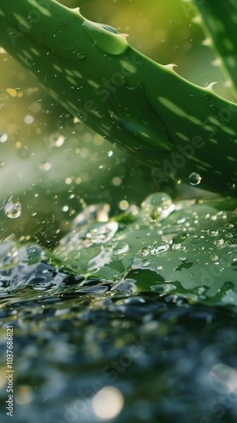 Obraz Close-up of aloe vera leaf with water droplets. Clear water and nature. Wellness, spa concept