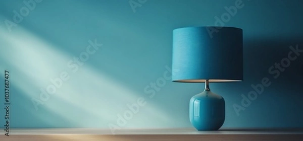 Fototapeta A turquoise lamp on a wooden table in front of a teal wall with a ray of light.