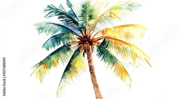 Fototapeta Isolated watercolor illustration of a coconut tree hand drawn for use in fashion graphic design wallpaper print and beach themed projects