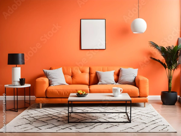 Fototapeta Stylish sofa and coffee table in room with orange walls. Interior design
