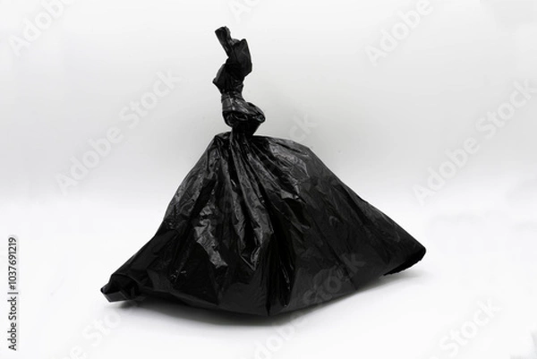Fototapeta An image of a used black dog poop bag isolated on a white background.