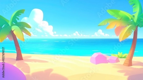 Fototapeta Tropical beach with soft sand and clear blue sea under a bright sky offering ample copy space