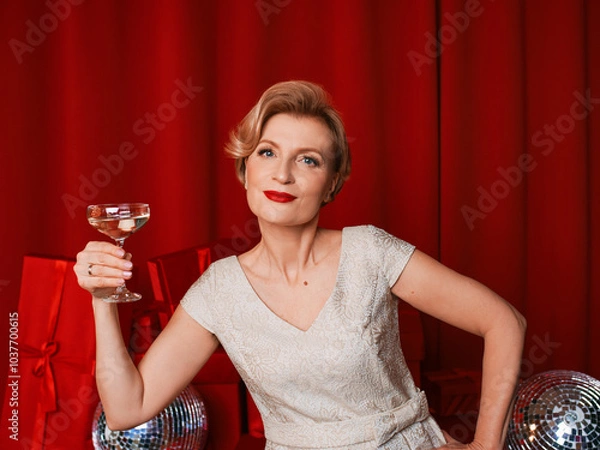 Obraz mature stylish elegant woman in cocktail dress with glass of sparkling wine with presents on red background. Happy New Year!
