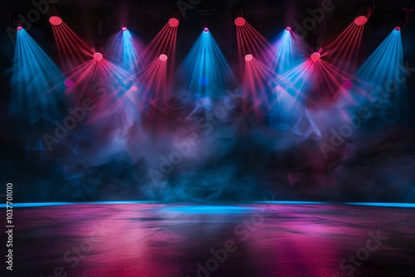 Obraz The stage of the concert is illuminated with colorful spotlights. Dark background, copy space concept.